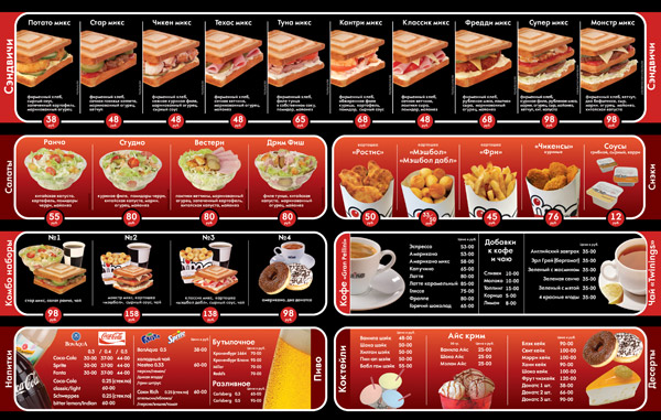 Дизайн настольного меню (кассовая зона фаст фуда) для сети кафетериев «MIKC»
